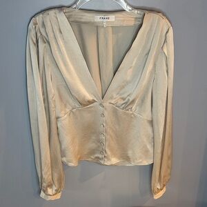 Frame Denim 100% Hammered Silk V-Neck Button Front Blouse in Smoke- S